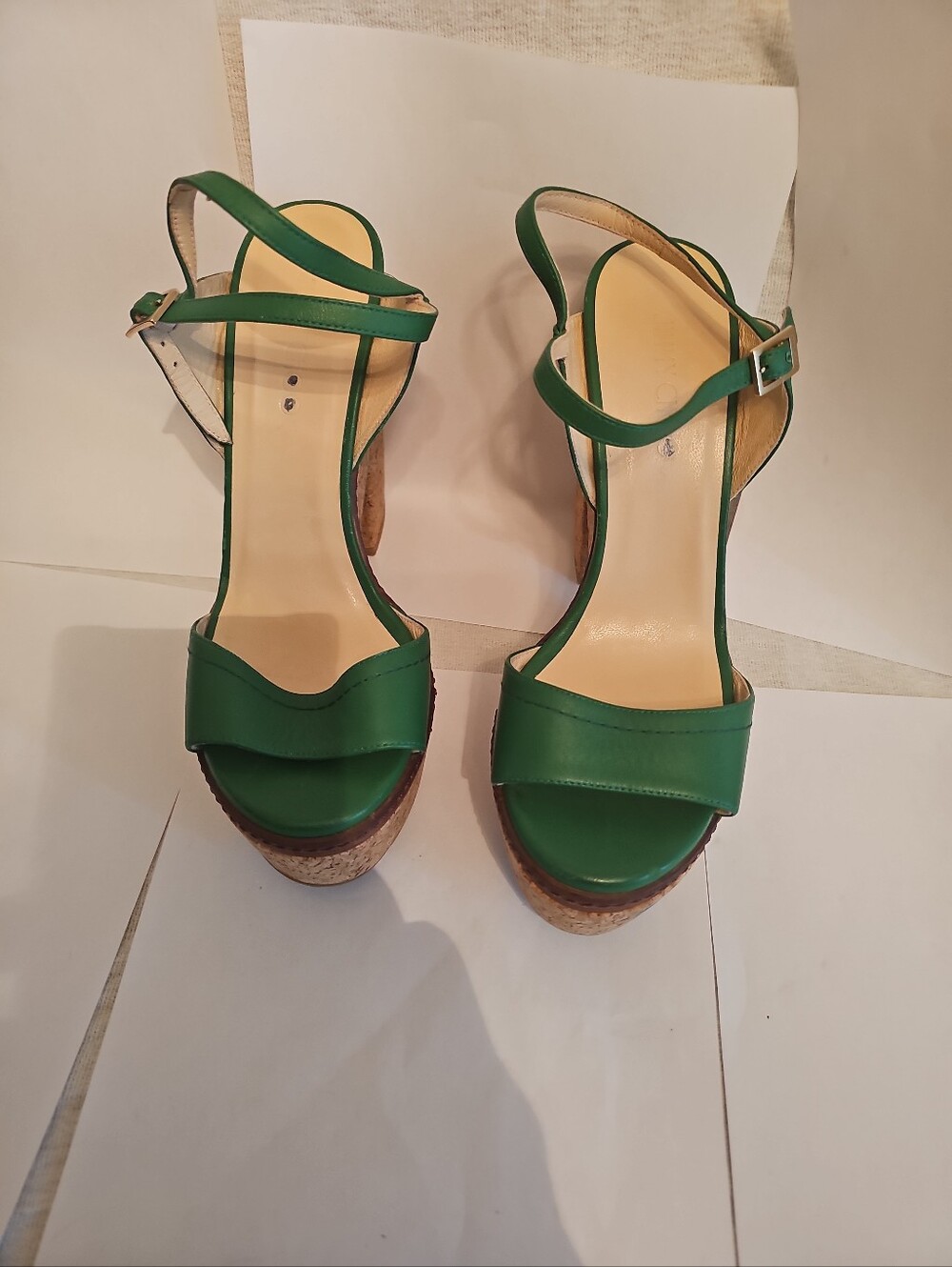 Jimmy Choo Green Cork Platform Sandals with Ankle Strap